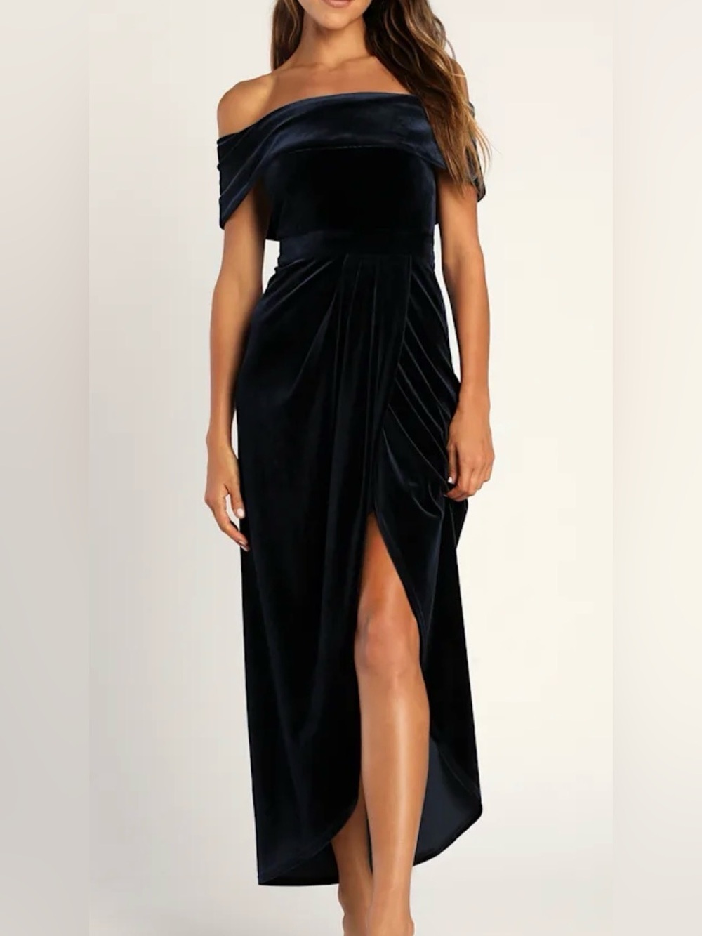 Lulus NWT I’m Enchanted navy blue velvet off the shoulder maxi dress, medium